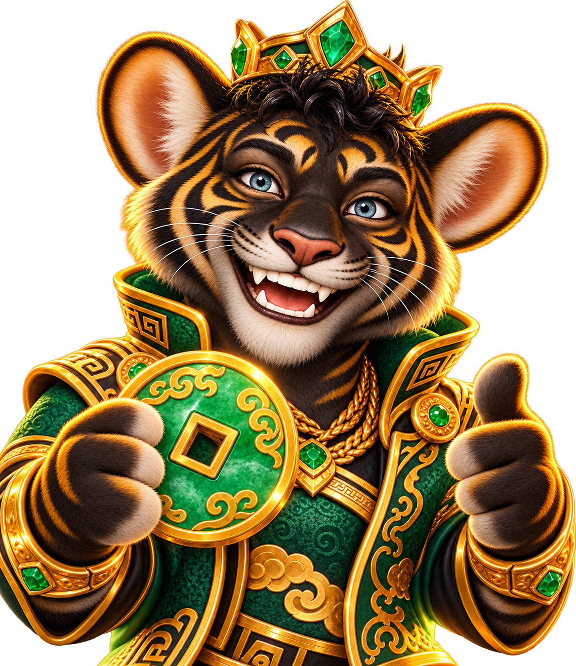 Tigre dourado sorridente da $$P Society, com coroa e moeda de jade